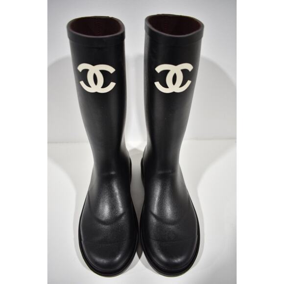 Chanel REV Black White Caoutchouc CC Logo High Pull On Rubber Rain Boots 41 - Picture 7 of 12
